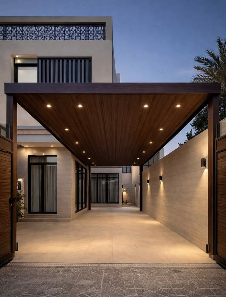 مظلة سيارات بديل الخشب بتصميم فاخر للفلل في الرياض